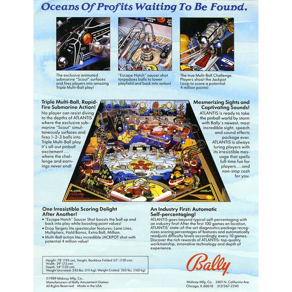 Atlantis Pinball FLYER Original 1989 NOS Game Art Lost City Fantasy Vintage - Picture 2 of 2